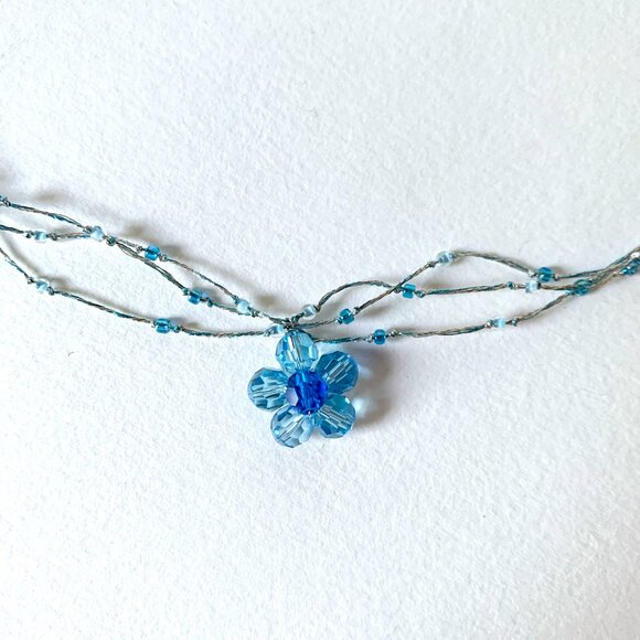 Silk & Crystal Blue Flower Necklace by Crossroads - Picture 1 of 6